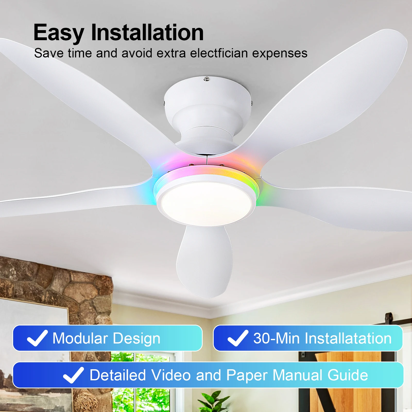 Indoor 46 Inch Home Decorative 5 Blades  Dimmable Remote Control RGB Led Ceiling Fan With Light