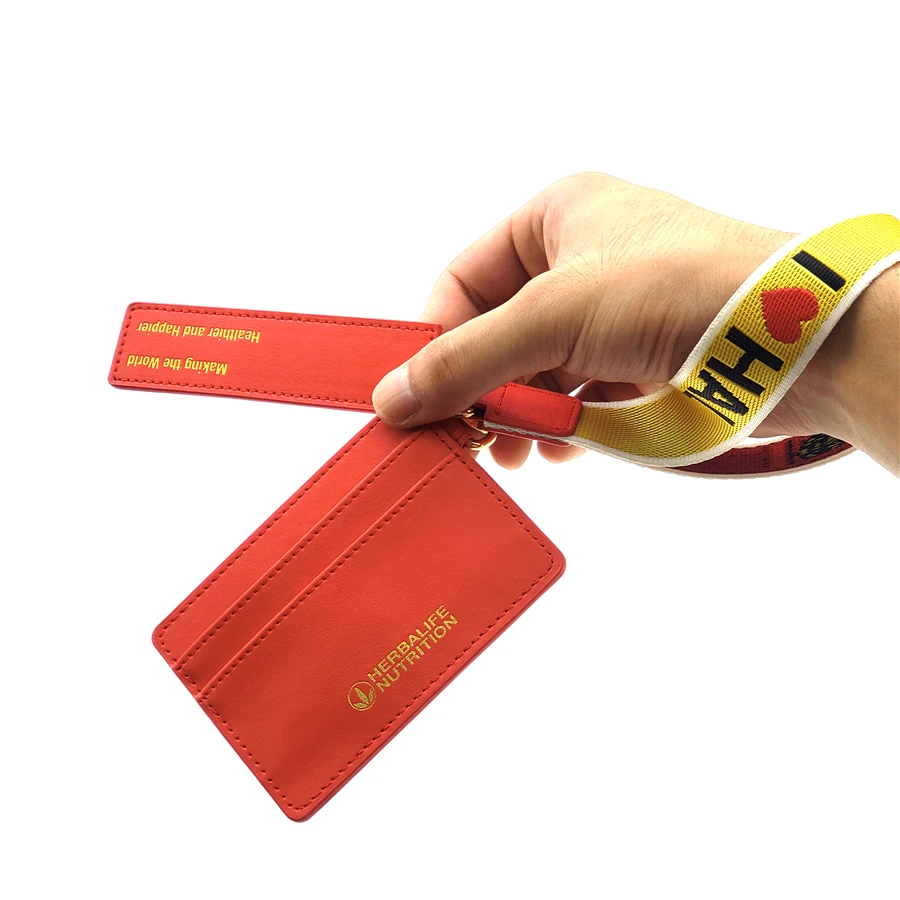 Custom logo PU leather credit/name card holder with wrist strap