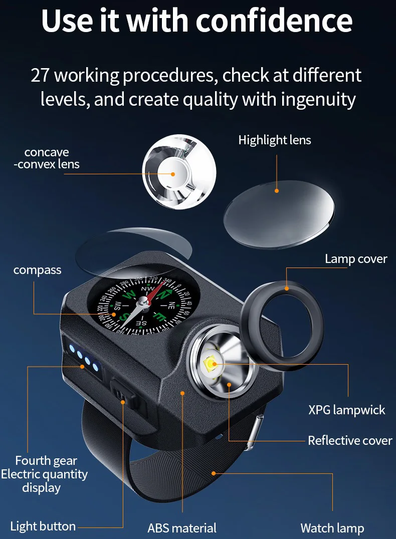 Multifunction Intelligent Wrist Lamp Outdoor Mountaineering Night Riding Running Sport Watch with Compass Waterproof Flashlight