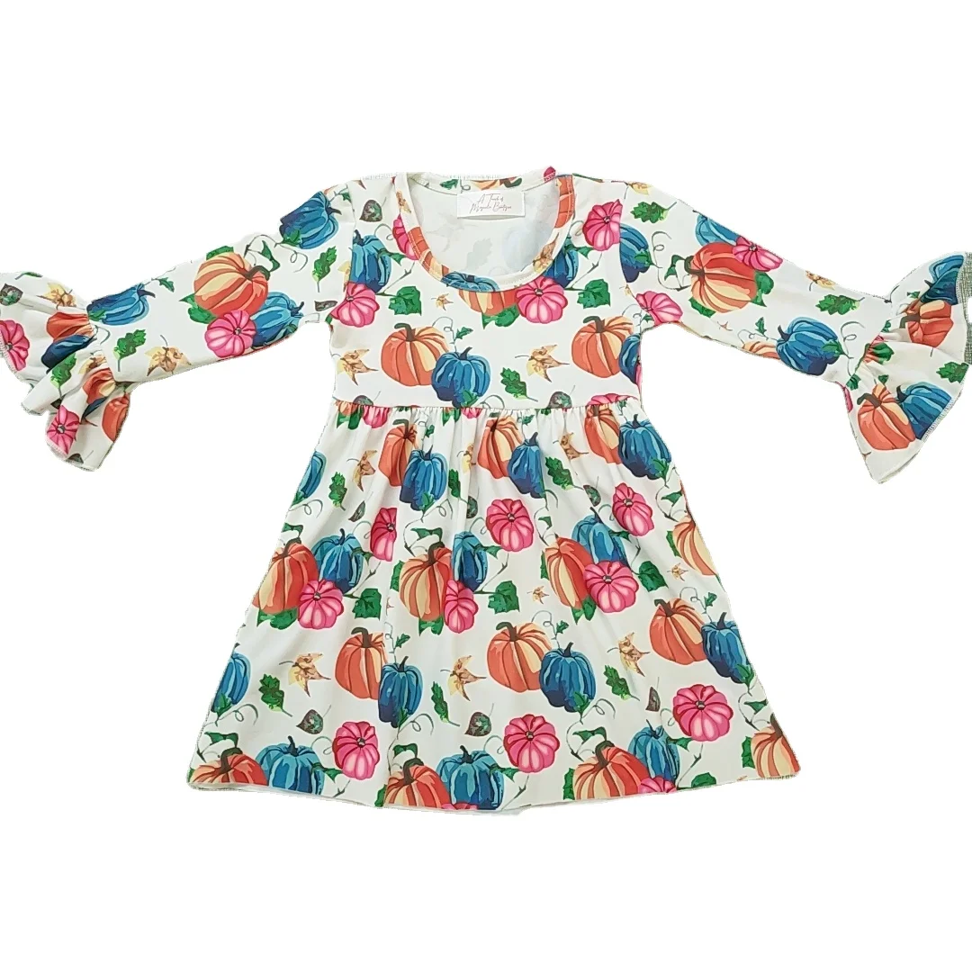 
Wholesale boutique pumpkin printed baby 3 year old girl long bell sleeve cute children clothes halloween dress 