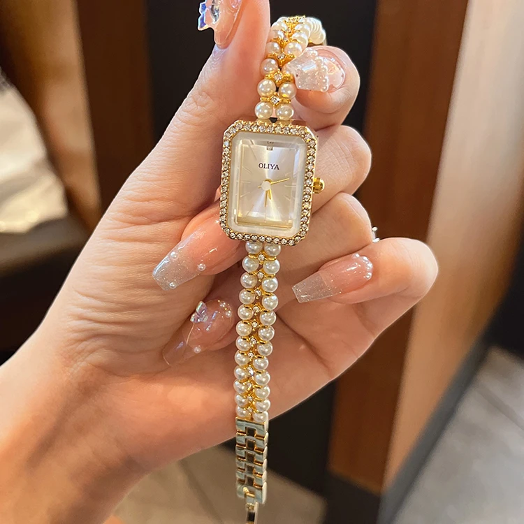 Custom Watch Logo 186 Rectangle Pearl Watch Band Bracelet Pearl Vintage Lady Quartz Watches Rhinestone Elegant Ladies Wristwatch