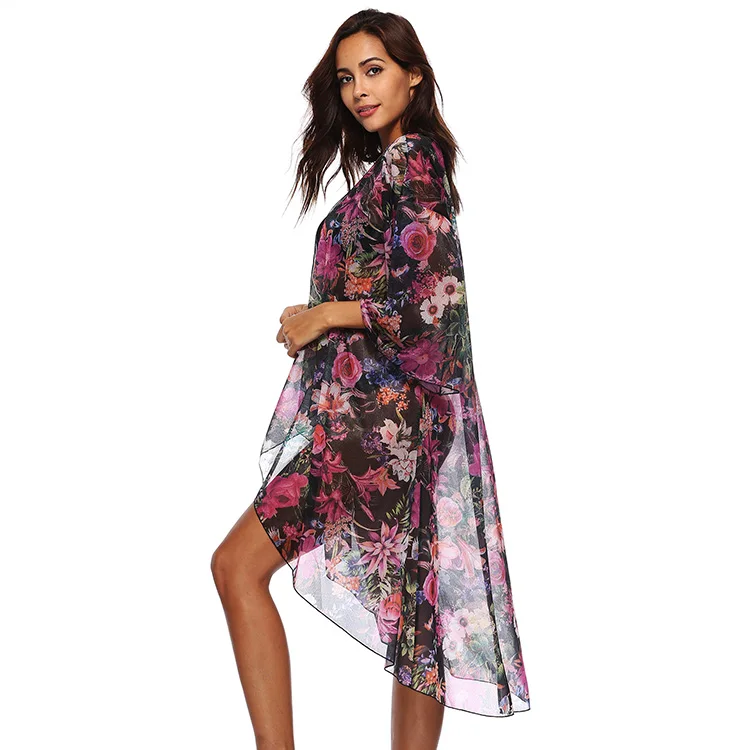 Kimono Beach Wholesale Casual Boho Floral Cardigan Chiffon Long Ladies Women Beach Open Kimono Beach Cover Up Dress For Swimwear