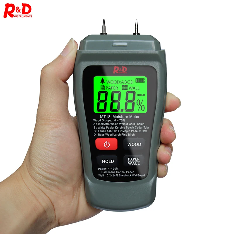 R&D MT-18 Two Pins Digital Wood Moisture Meter Paper Humidity Tester Wall Hygrometer Timber Detector 0-99.9%