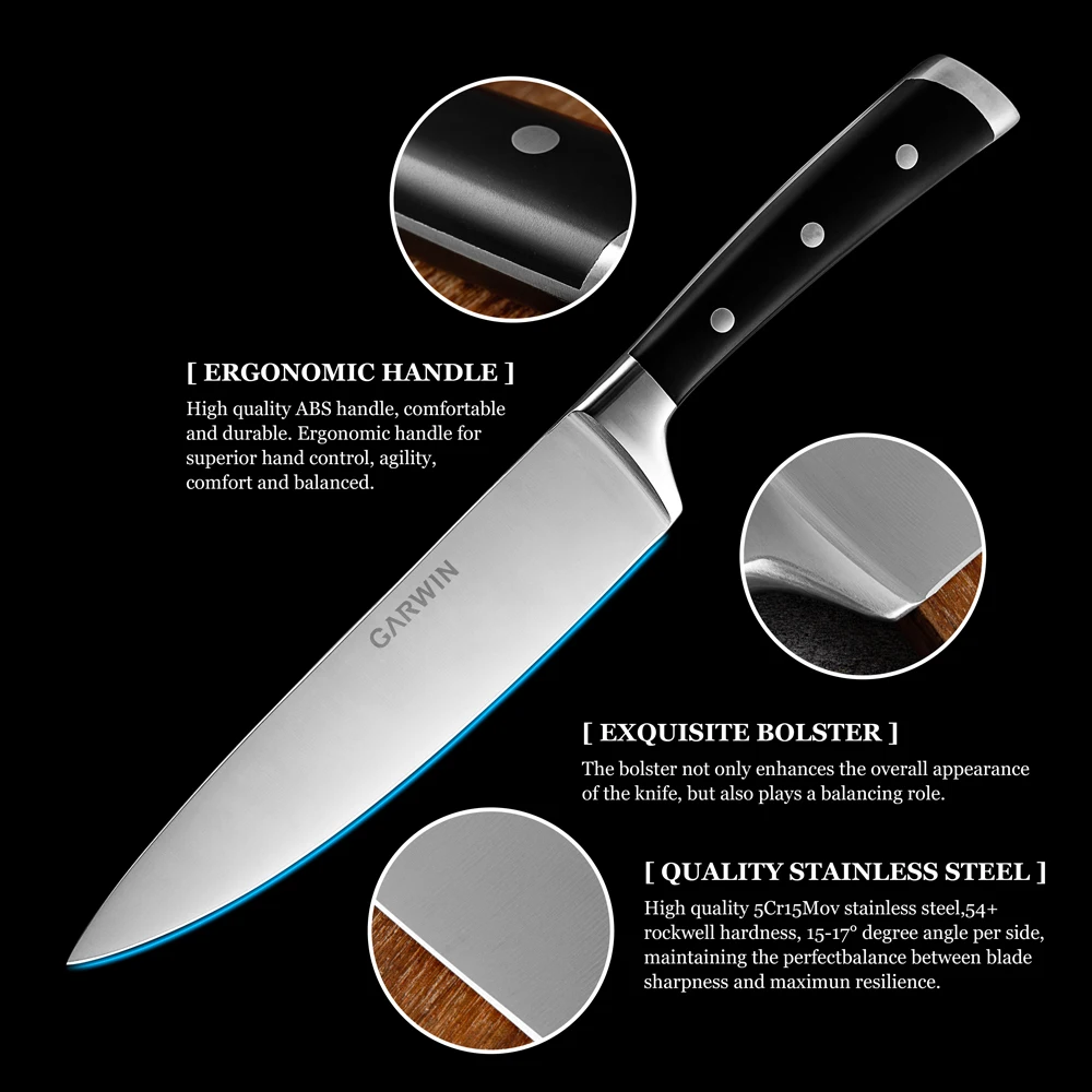 Garwin Hot Sale 5Cr15MoV Stainless Steel Kitchen Knife Ergonomic Chef Knife Set with ABS Handle
