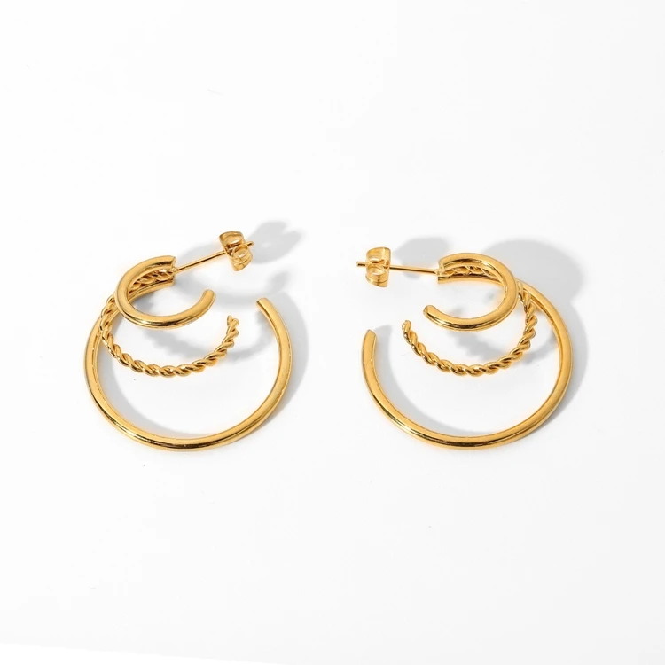
European Exaggerated 18k Gold 3 Layered Big Circle Twist Hoop Earring C Shape Stainless Steel Studs Earring For Women 