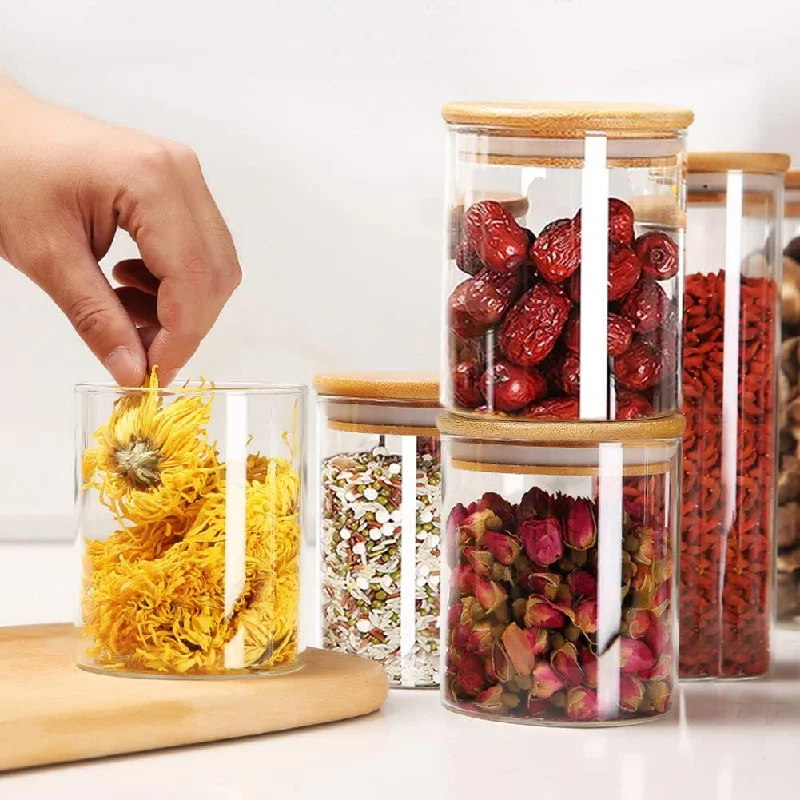 Wholesale Price Empty Kitchen Round  Food Grade Glass Jars Food Storage Container With Wooden Lid for Food