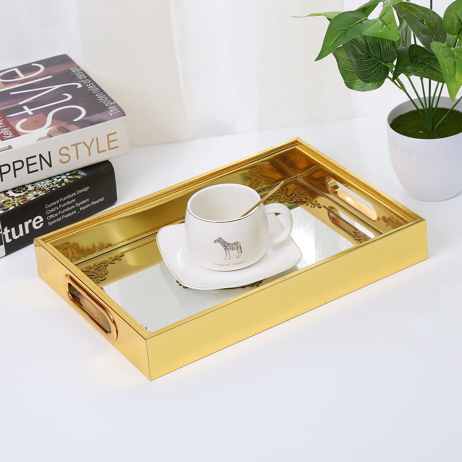 Wholesales Chocolate Decorative Trays Set Design Tray Glass for Jewelry Dresser  Bathroom Bedroom Tray With Mirror