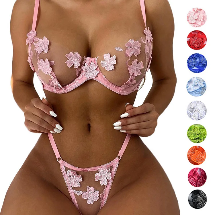 Two piece romantic flower embroidery perspective sexy teddies lingerie set para mujer por mayoreo ropa interior