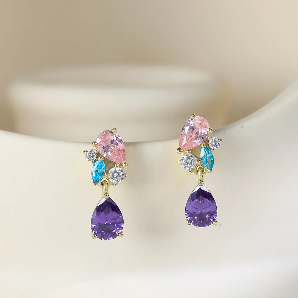 Grace Jewelry Noble Luxurious Big Gemstone Purple Zircon Pink Stone Gold Plated 925 Silver Fashion Jewelry Luxury Women Earrings