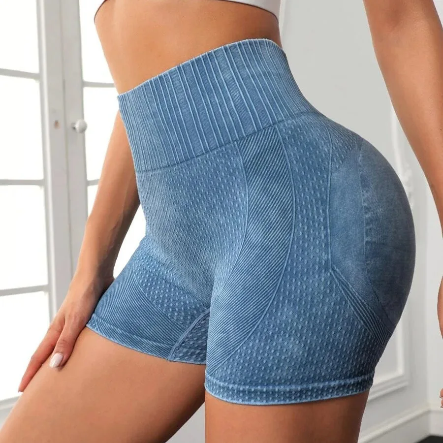 GC Seamless Lift Hips Yoga Shorts Push Up Washed Jeans Pattern Shorts Women Gym Biker Short High Elastic Breathable Scrunc YG121