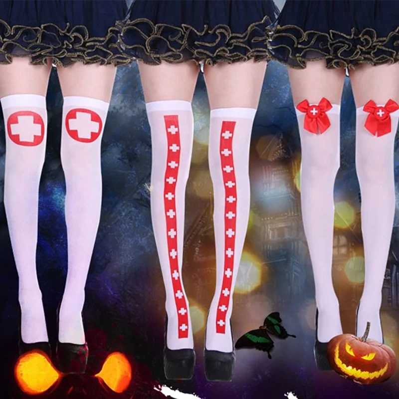 Halloween Stockings Cosplay Stockings Women Soft Knee Socks White Red Cross Bow Nurse Cosplay Socks