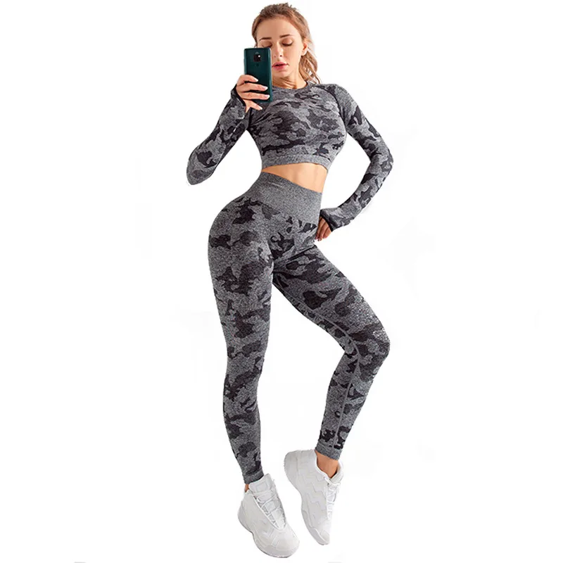 Wholesale Fall Camo Long Sleeve Slim Tops Push Up Hips Nylon Spandex Women Seamless Hollow Out 2 Pieces Yoga Sets