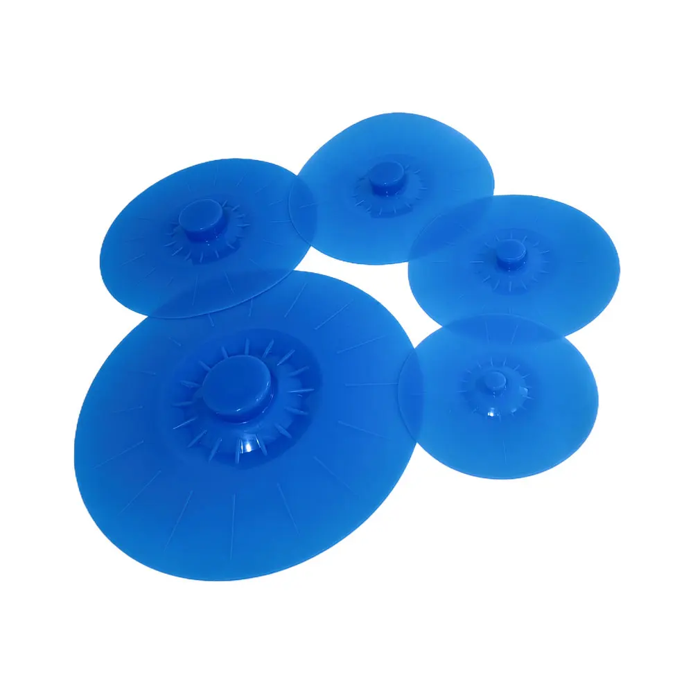 WONDERFUL BPA Free 5 Pack Reusable Suction Seal Covers Food Safe Blue Silicone Covers for Bowls Pots and Cups
