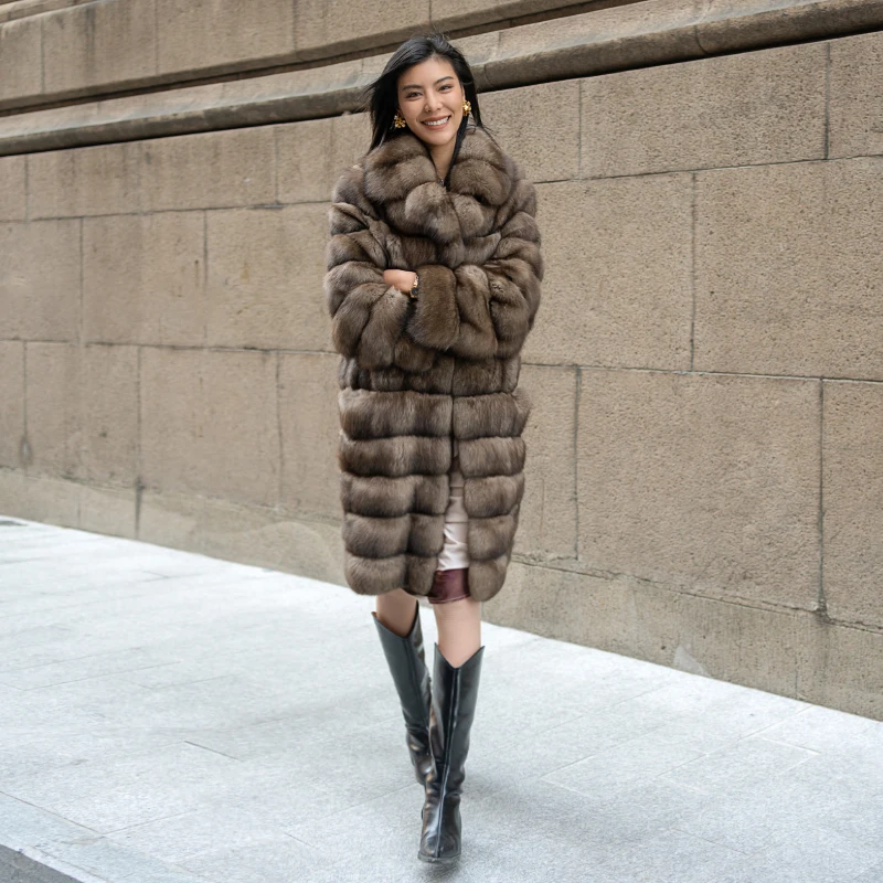 Sable Russia Winter Warm Mid Length Style Large Lapel Real Mink Fur Coat Pocket Oversize Trench Coats Real Sable Fur Coat