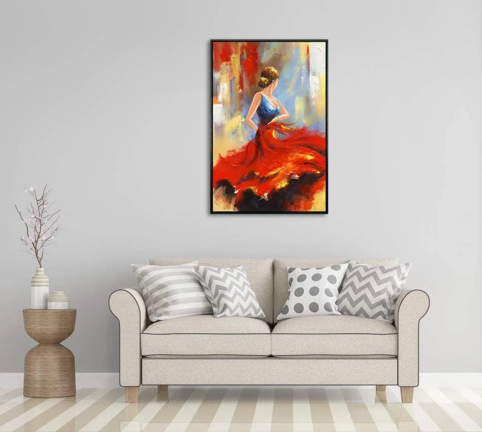 Modern Framed Wall Art Flying Skirt Artwork Dancing People Handmade Oil Paintings on Canvas for Home Decor
