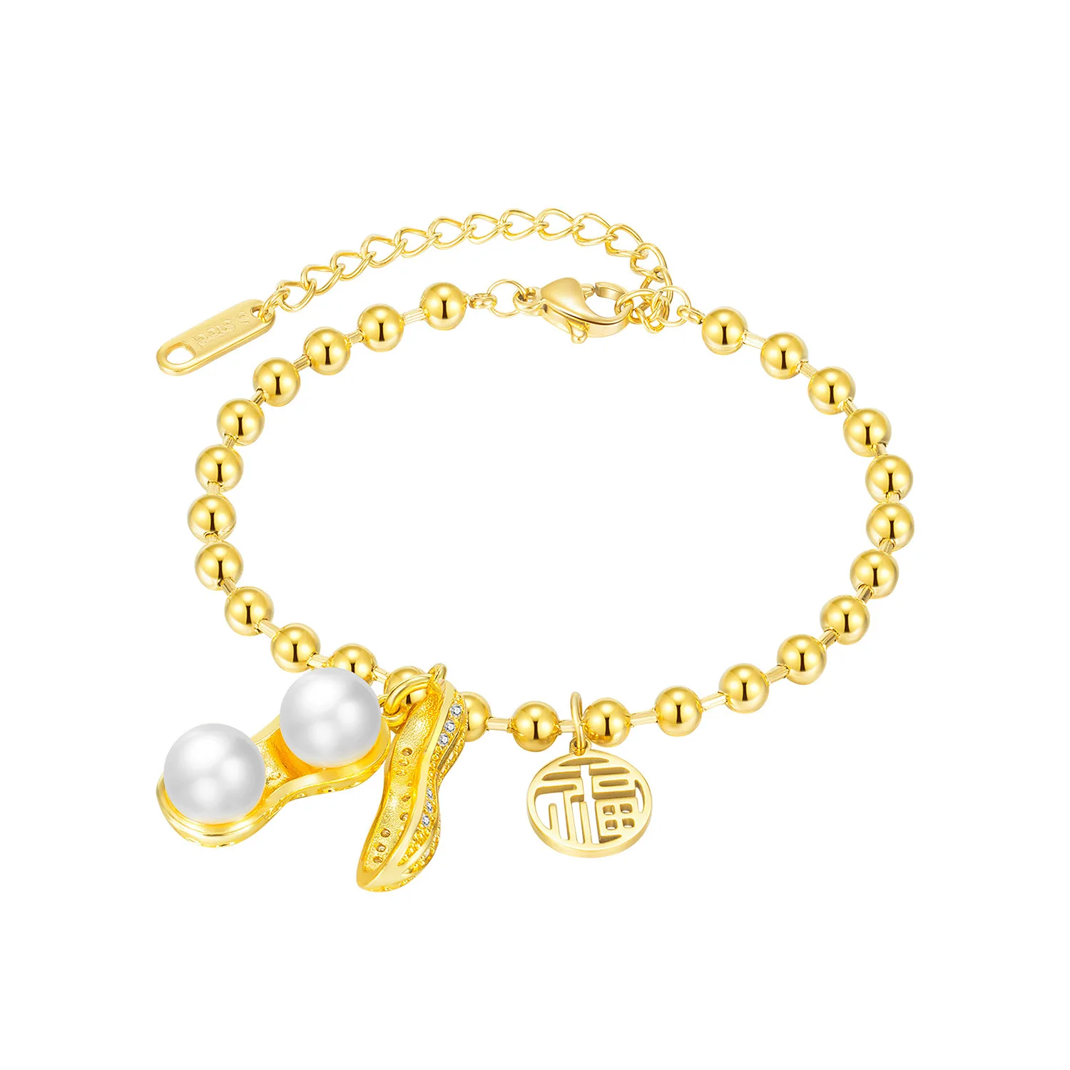 Japan and South Korea, a small number of senior sense of pearl inlaid peanut hollow fu character titanium steel bracelet