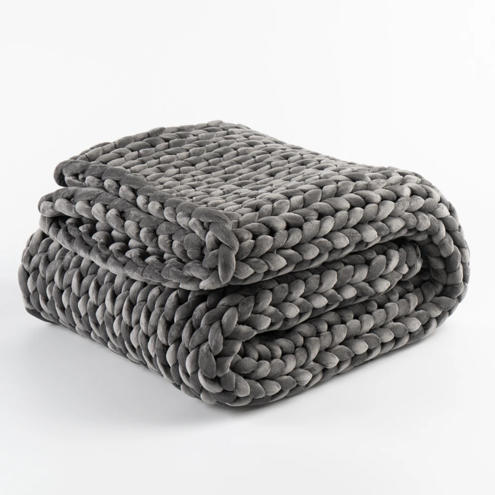 Winner High quality Super Soft Home Decor velvet fabric Throw Handmade Grey color Chunky Knitted Weighted Throw Blanket