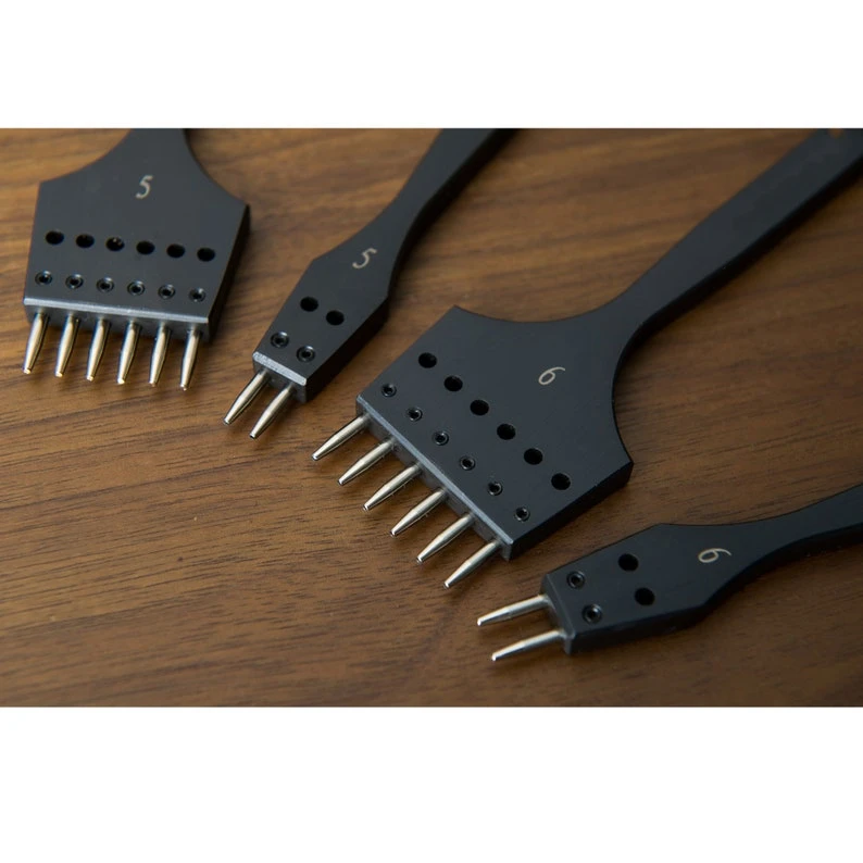 Black Sharp Head Replaceable Prick Iron Hole Punch Detachable Veg Tanned Leather Round Stitching Chisel Set DIY Leather Tool