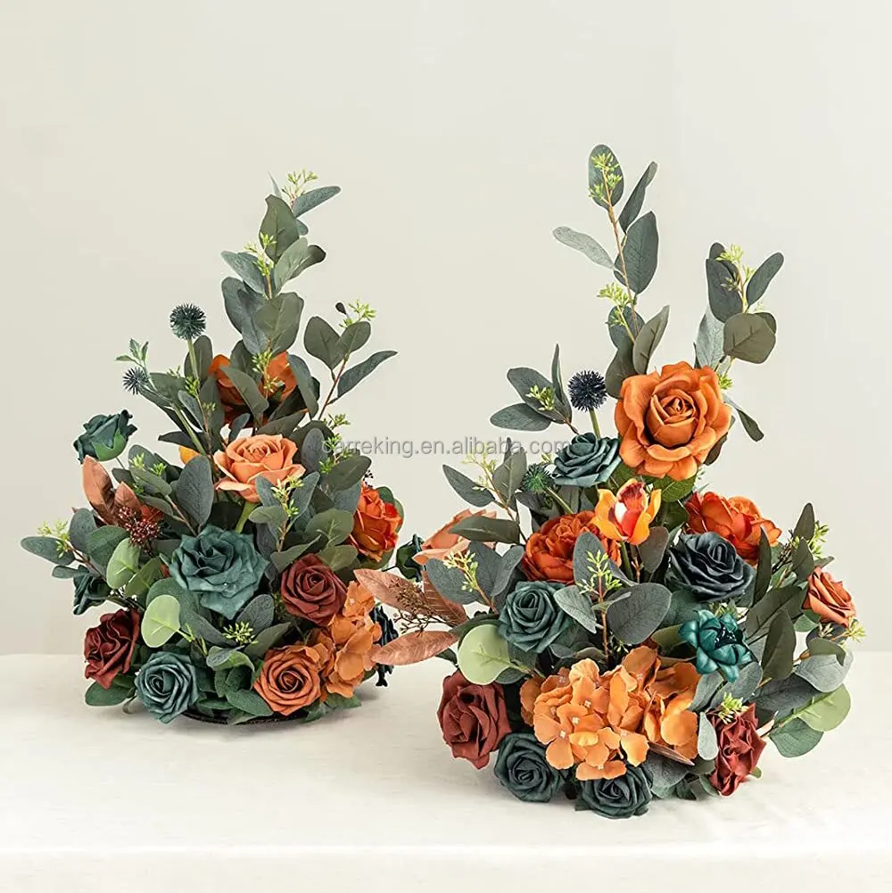 Lower Price Artificial Flower Teal & Orange Arrangement Free Stand Flower For Wedding Archway Decor