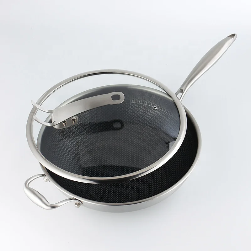 Factory Wholesale Non-Stick Triply Stainless Steel Honeycomb Wok Pan With Lid Chinese Style Fry Pans for Gas Induction Stove