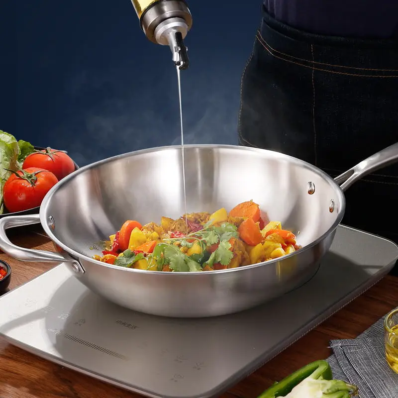 304 stainless steel wok fry pan can be used for induction cooker and gas