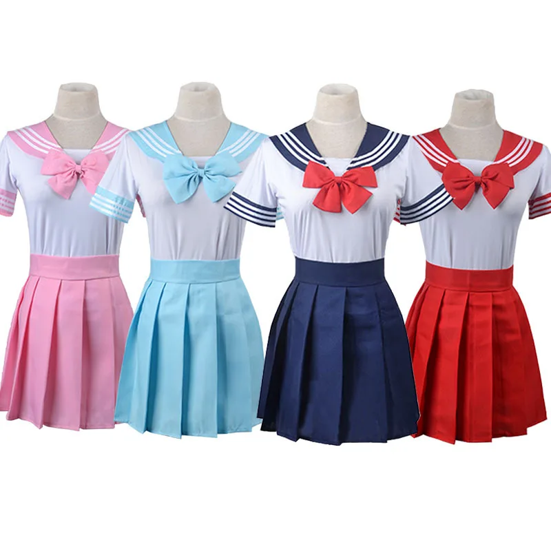 Women School Student Uniform Pleated Skirt Shirt Set Female JK Sailor Suit Sailor Moon Cosplay Japanese Anime Halloween Costumes