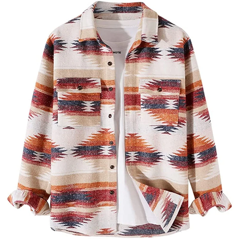 Men Brushed Flannel Shirts Ethnic Aztec Print Button Up Lapel Thick Full Sleeve Plain Dyed Custom Flannel Shirt For Men