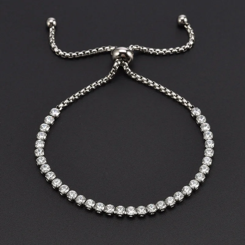 Stainless Steel Tennis Chain Bracelet Crystal Diamond Bracelet Bolo Chain Slider adjustable Zircon Bracelet for Women