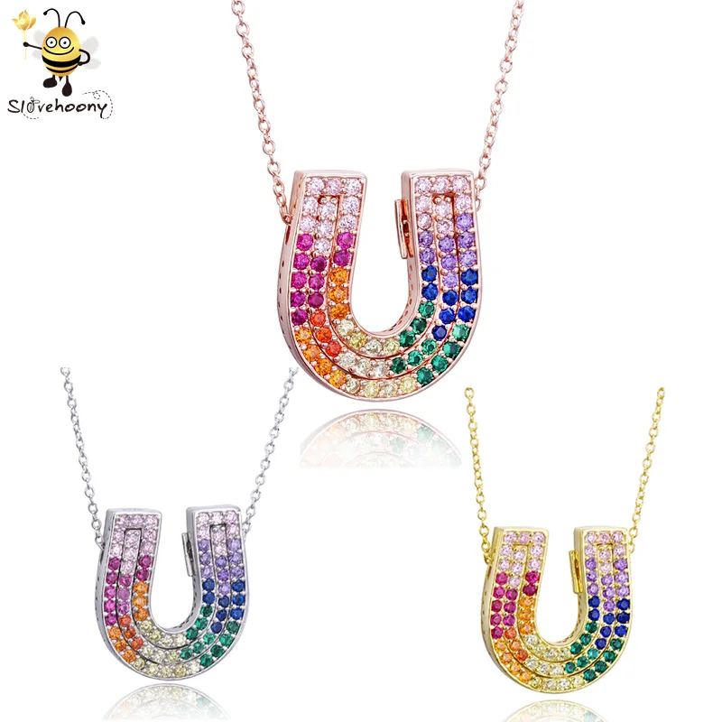 2020 Most Popular Fashion Sparkling Colorful Diamond AAA CZ Stone Horseshoes Pendant Necklace 925 Sterling Silver