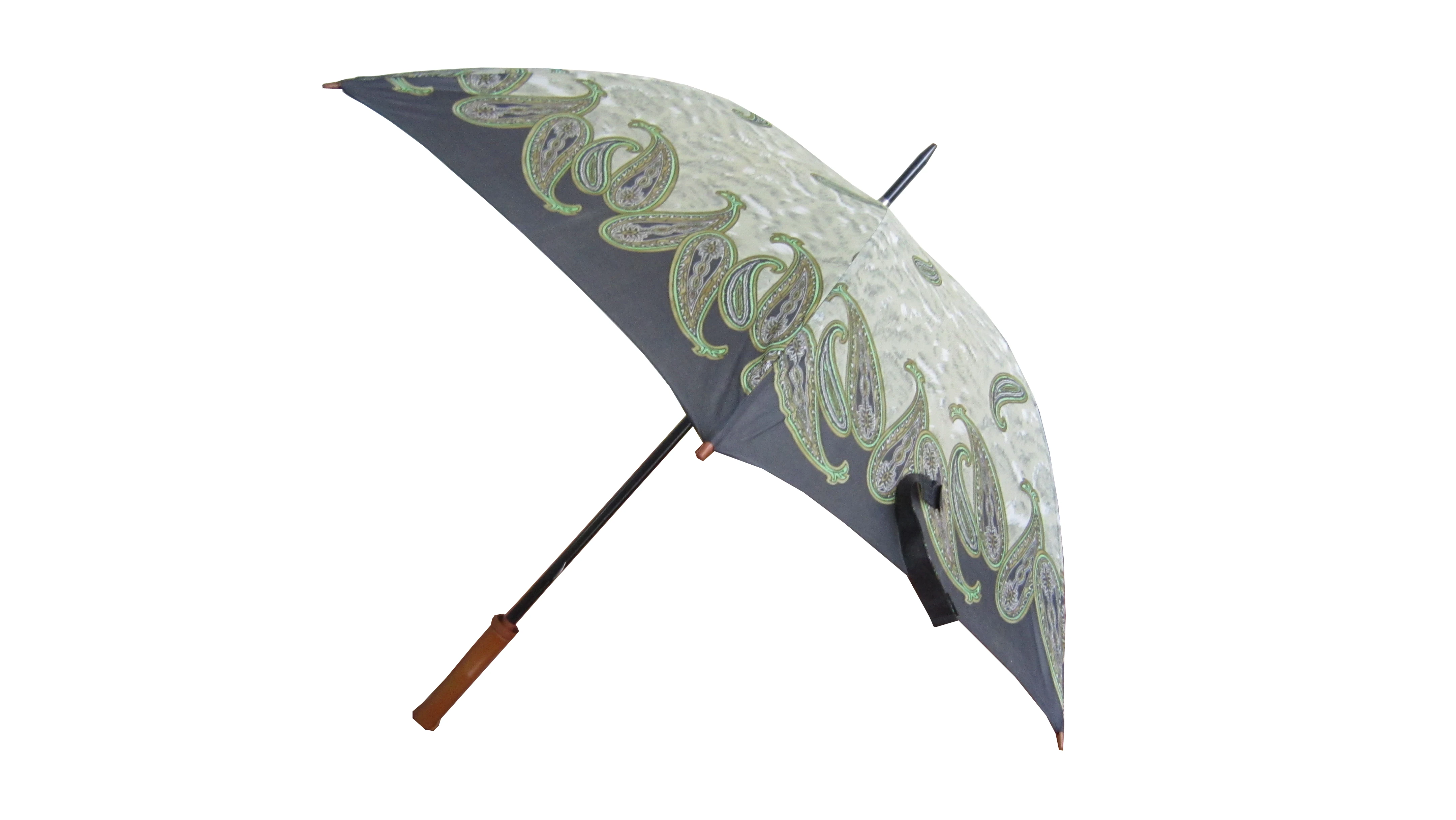 60cm *8k polyester printing leaves wood handle manual open straight umbrella