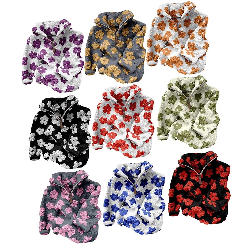 Fall Winter Sherpa Thick Plush Fabric Toddler Baby Girl Jacket Tops Flower Pattern Long Sleeve Kids Polar Fleece Sherpa Pullover
