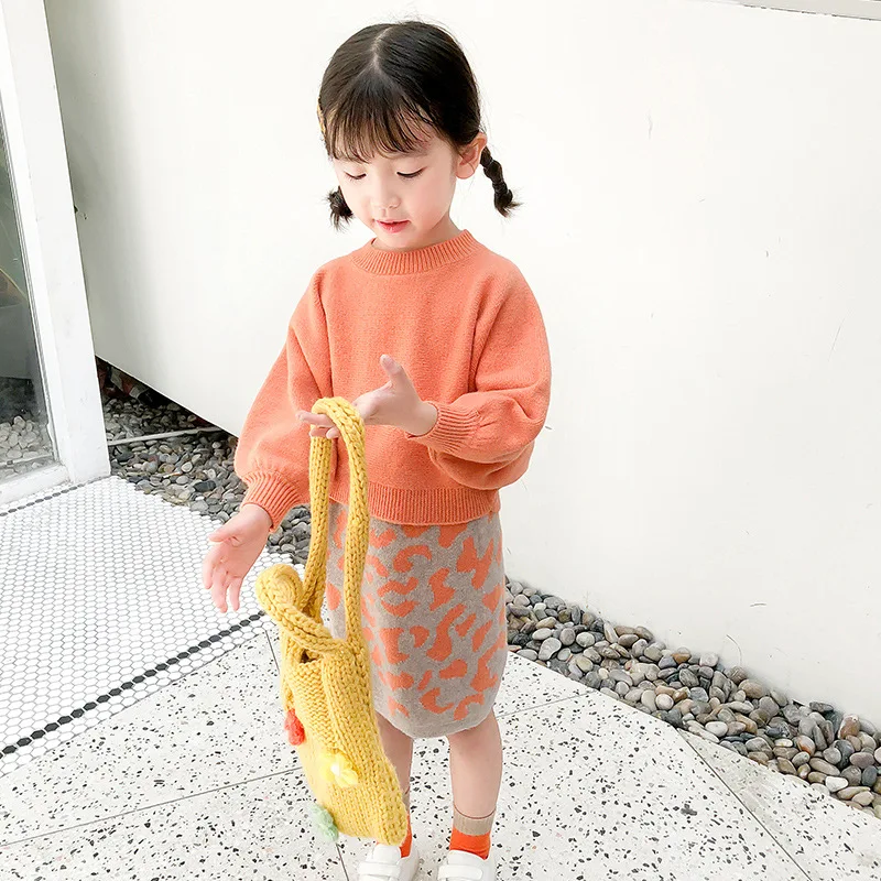Toddler Kids Girls orange color Long Sleeve Knitting Pullover Sweater Tops Leopard Printed Skirts 2pcs suit Girl Outfits