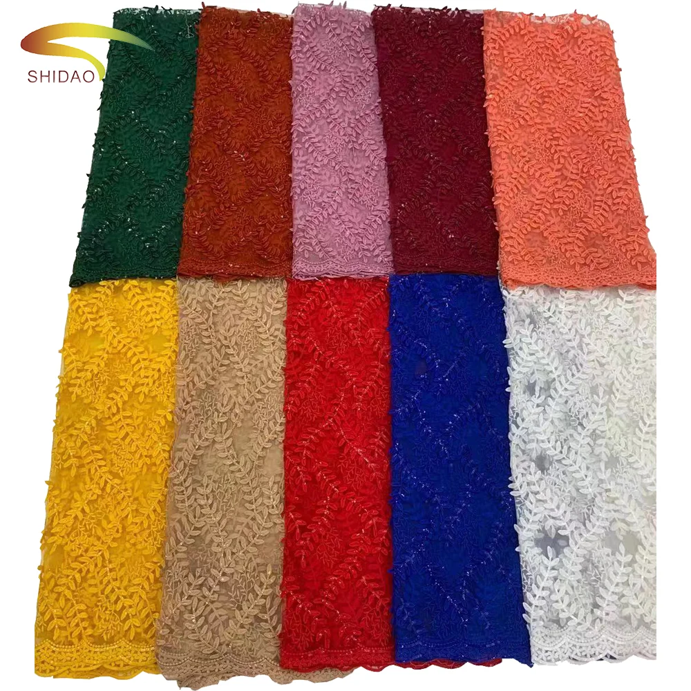 2022 Leaf Lace with Sequins Lace Fabric for New Clothing Wedding Dress Textile Fabric Wholesale Colorful Materials