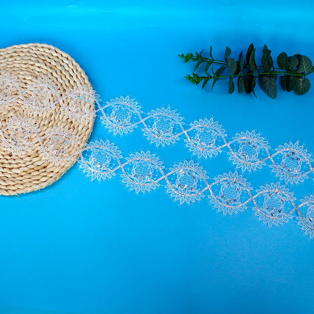 Embroidery shinning polyester lace trim with sequin beads with pearl for allure couture