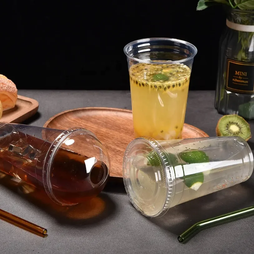Customized Disposable Compostable Biodegradable Clear Plastic Cups and PLA Lids Set for Cold Drinks