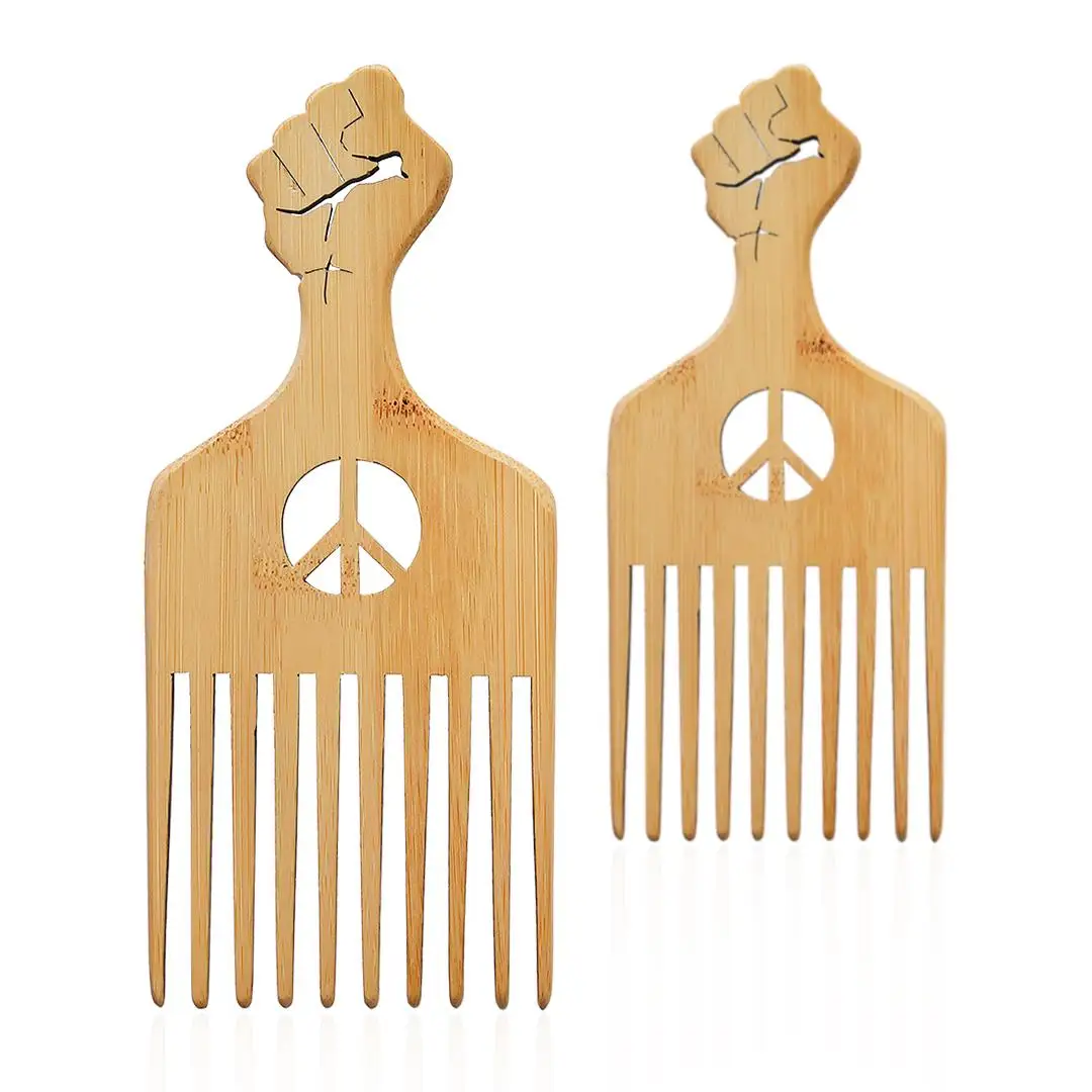 Wholesale Customized Label Biodegradable Afro Pick Comb with Logo Natural Bamboo Wooden Beard Wide Tooth Comb