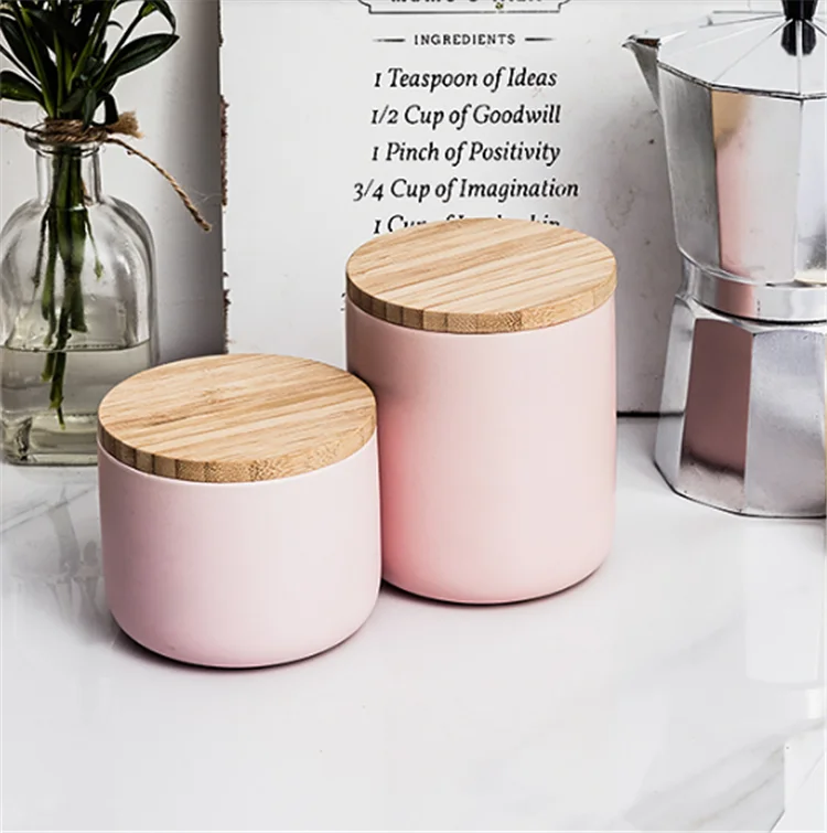 Bulk Matte pink Seal Porcelain Candy Cookie Storage Jar With Bamboo