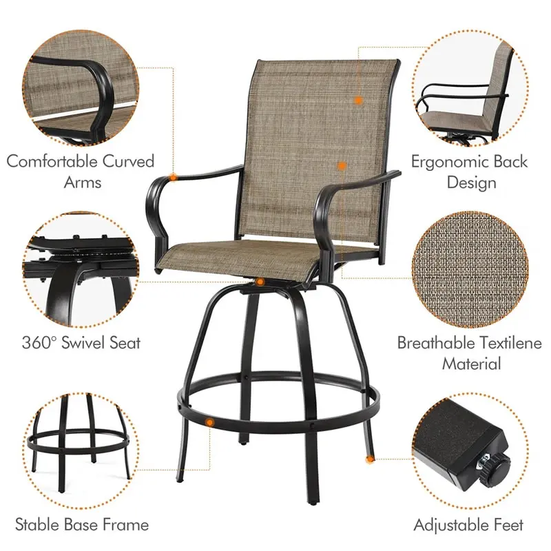 Outdoor 3 PCS Patio Swivel Bar Sets Textile High Bistro Sets with 2 Bar Stools and 1 Square Bar Table
