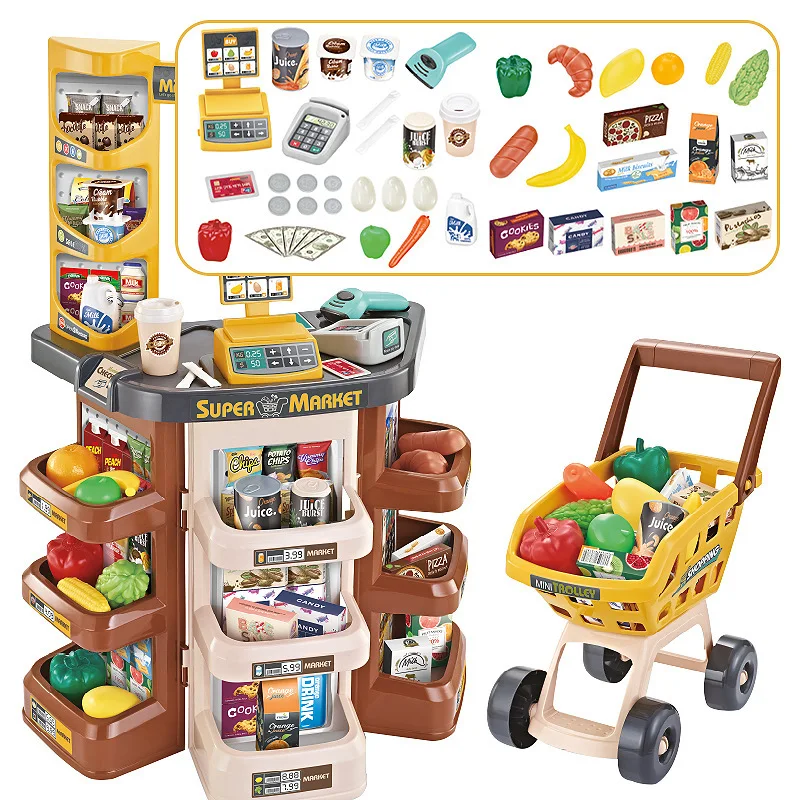 Kids Plastic Pretend Play Toys Set Supermarket Cash Register Toy Shopping Cart
