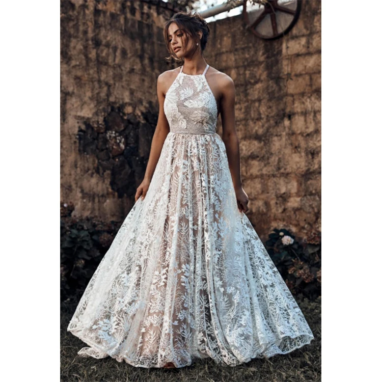 Wholesale Cheap Casual Backless Halter Maxi White Evening Dress Long One Piece Lace Party Elegant Dresses For Wedding