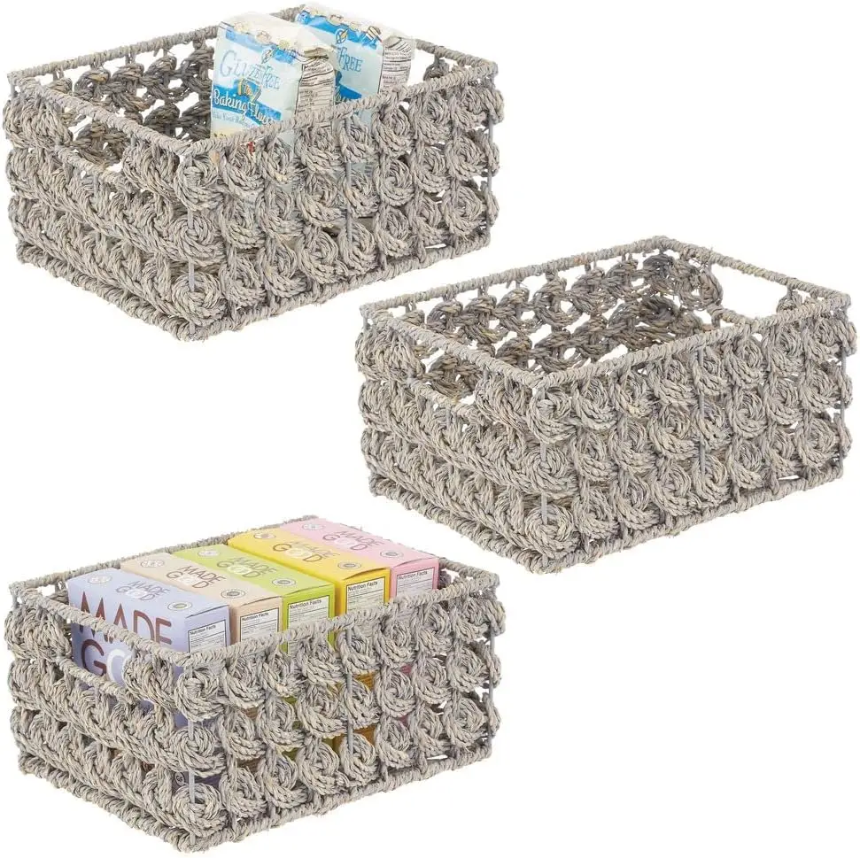 QJMAX High Quality Seagrass Rose Weave Household Basket with Built-in Handles for Storage in Bedroom, Bathroom, Office
