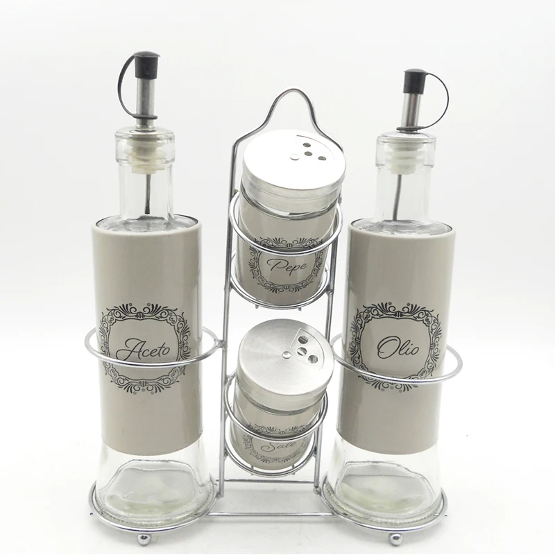 Herb & Spice Tools Glass Oil Vinegar Dispenser Bottle Salt Pepper Shaker Set with Metal Rack