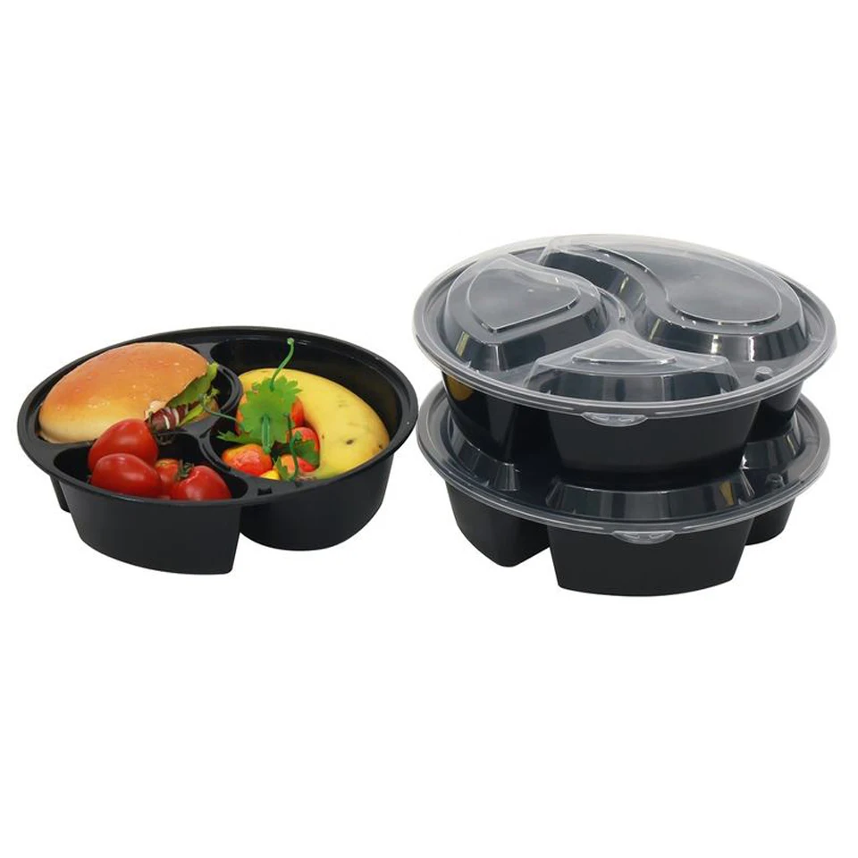 bpa free custom disposable takeaway 3 compartment plastic round meal prep containers with lids