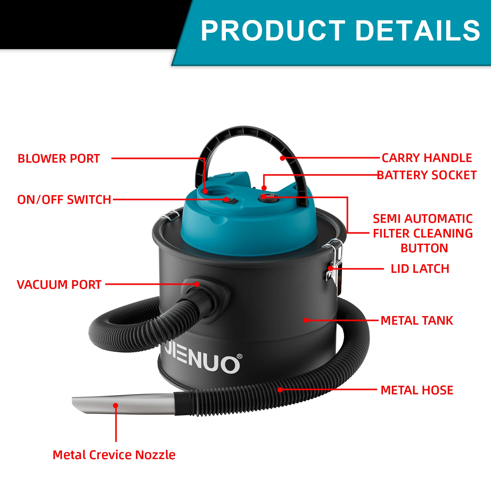 JN021 Stainless Steel Hot Steam Ash Vacuum Cleaner 15L Drum Vacuum Battery Dry Dust Ash Vacuum Cleaner