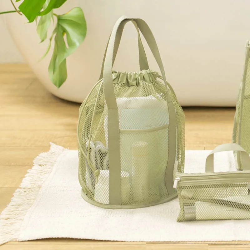 New Style Foldable Swimming Fitness Mesh Storage Bag Pouch Bucket Toiletry Mesh Beach Tote Bag With Drawstring For Summer