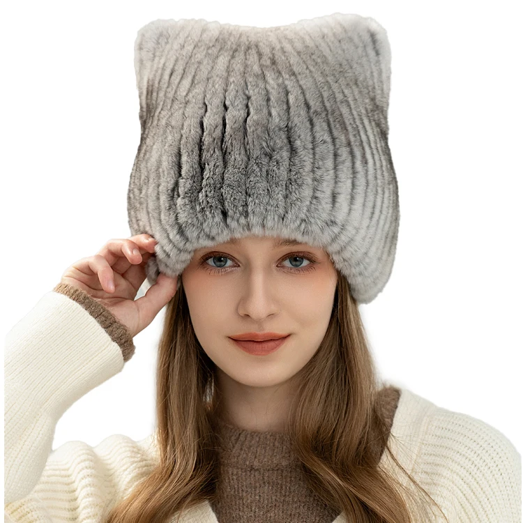 CX-C-360 Winter Knitted Beanie Hats Furry Real Rex Rabbit Fur Hat and Scarf Set
