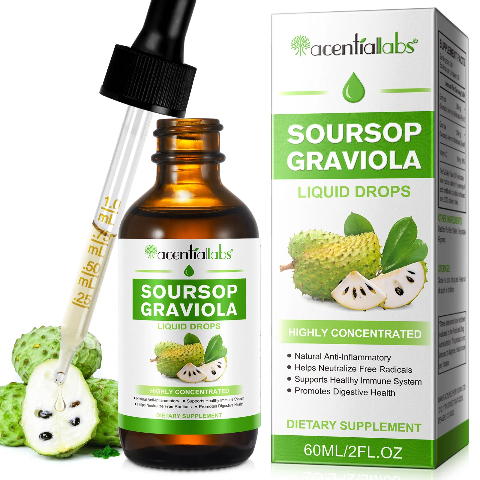 Acentiallabs dietary supplement 60ml graviola fruit extract soursop graviola drops soursop graviola liquid drop