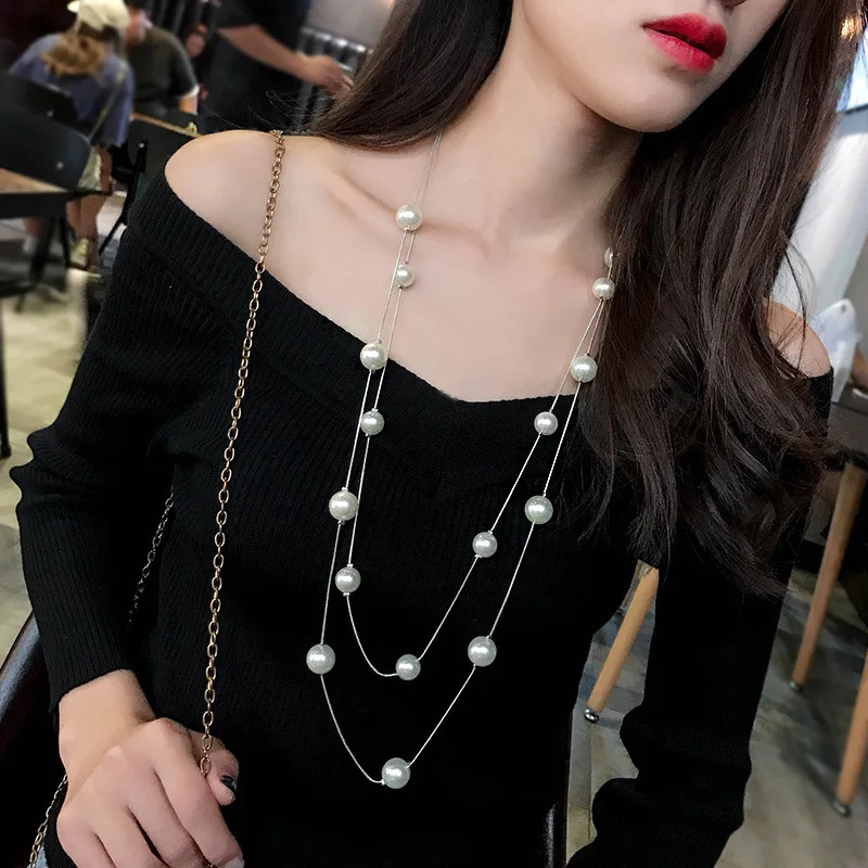 New Long Double Layer Pearl Necklace Women Sweater Chain Necklace Statement Jewelry Wholesale