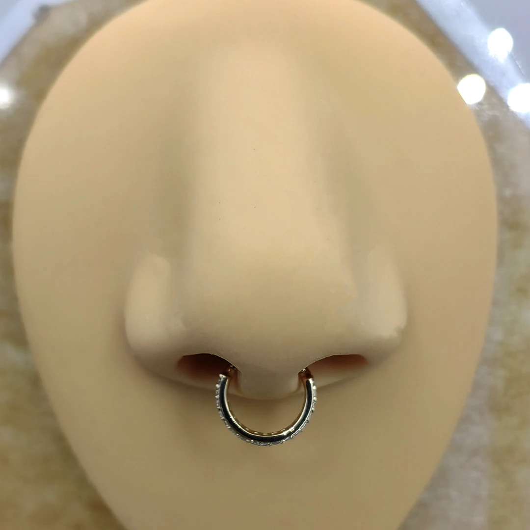 Calendo Fine Jewelry  14k Solid Yellow Gold Hinged Segment Clicker 2 Row Crystal CZ Paved Septum Ring Piercing Earring Jewelry