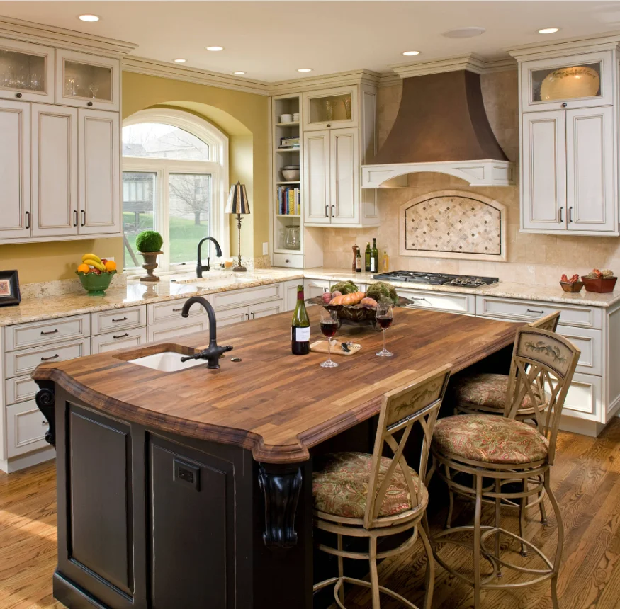 Luxury Antique Kitchen With White Solid Wood Cabinets Large Island And Cabinets Everywhere